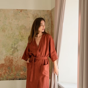 Japanese style robe Linen kimono robe Oversized terracotta robe Wide sleeve robe Linen robe women Dressing gown PETRA robe image 4