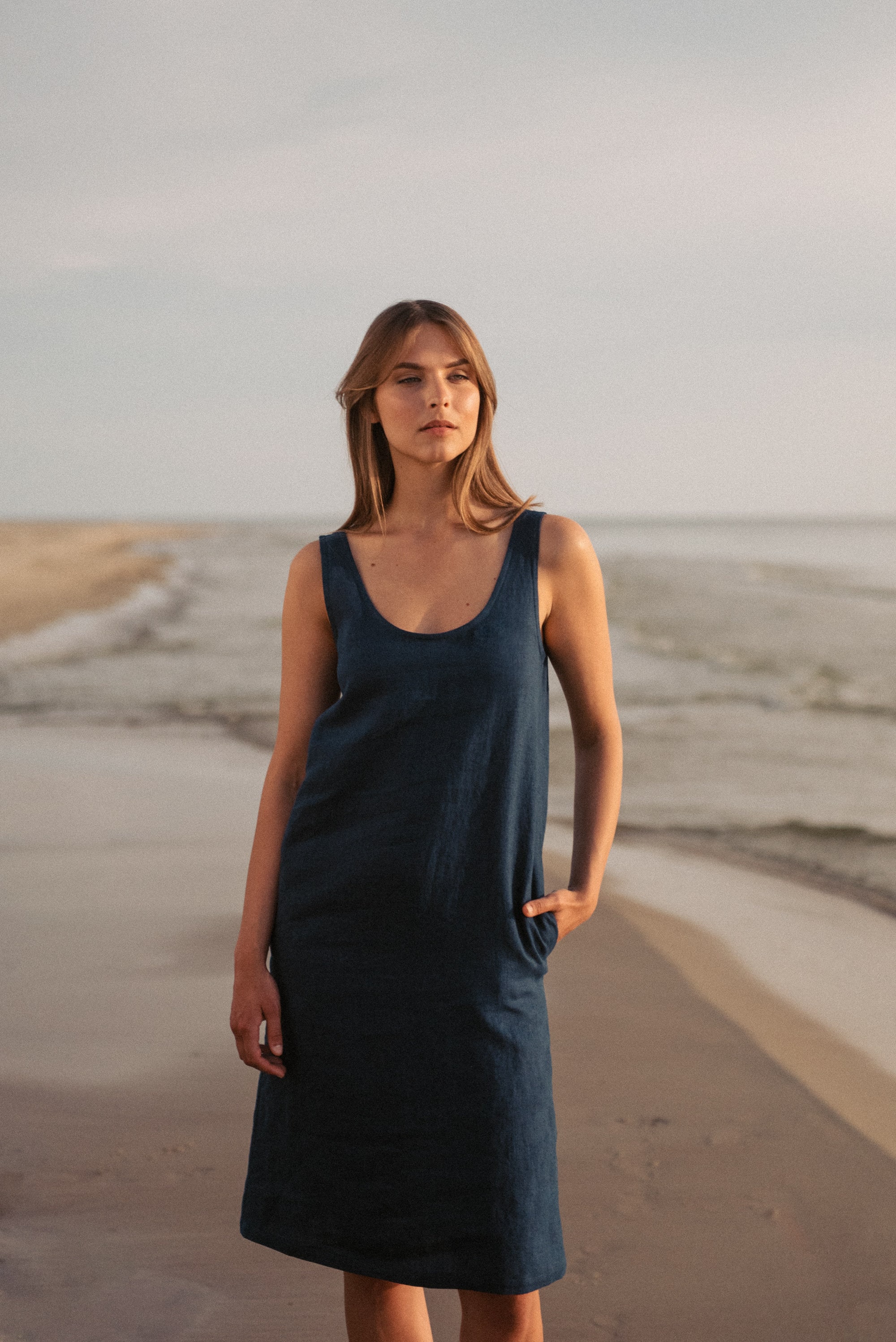 Linen summer dress - Midi sleeveless dress for women - Loose straight tank dress with pockets - Blue Beach dress - UMA sleeveless dress