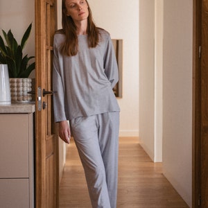 Organic merino wool loungewear Grey thermal two piece set Matching women pajamas Long pjs Sleepwear GRETA top and EVA pants image 5
