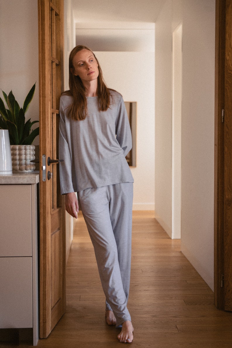 Organic merino wool loungewear Grey thermal two piece set Matching women pajamas Long pjs Sleepwear GRETA top and EVA pants image 5