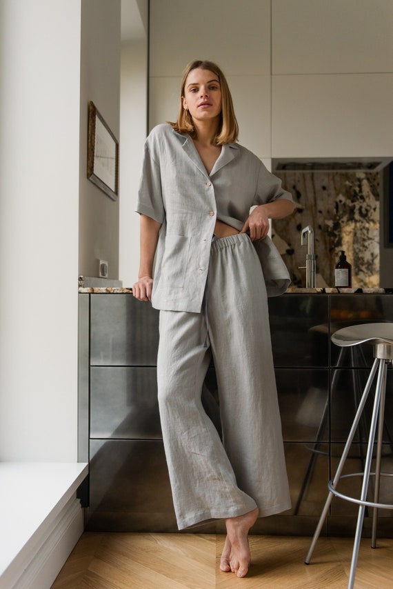 Ice Grey Pajama Set Linen Sleepwear for Woman Oversized Loungewear