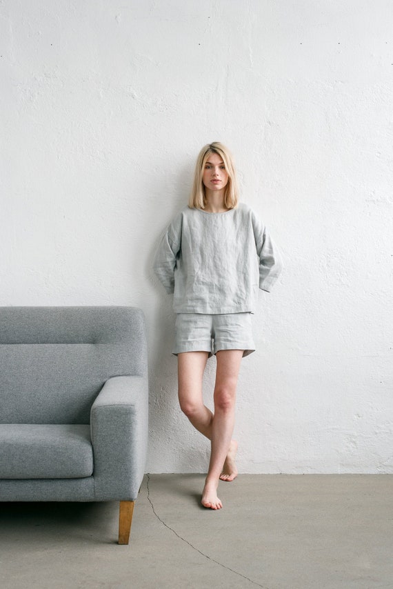 Linen kimono blouse / Drop shoulder blouse / Linen pajamas / Linen sleepwear set / Linen shorts/ Linen summer top/ CHLOE top and ELLA shorts