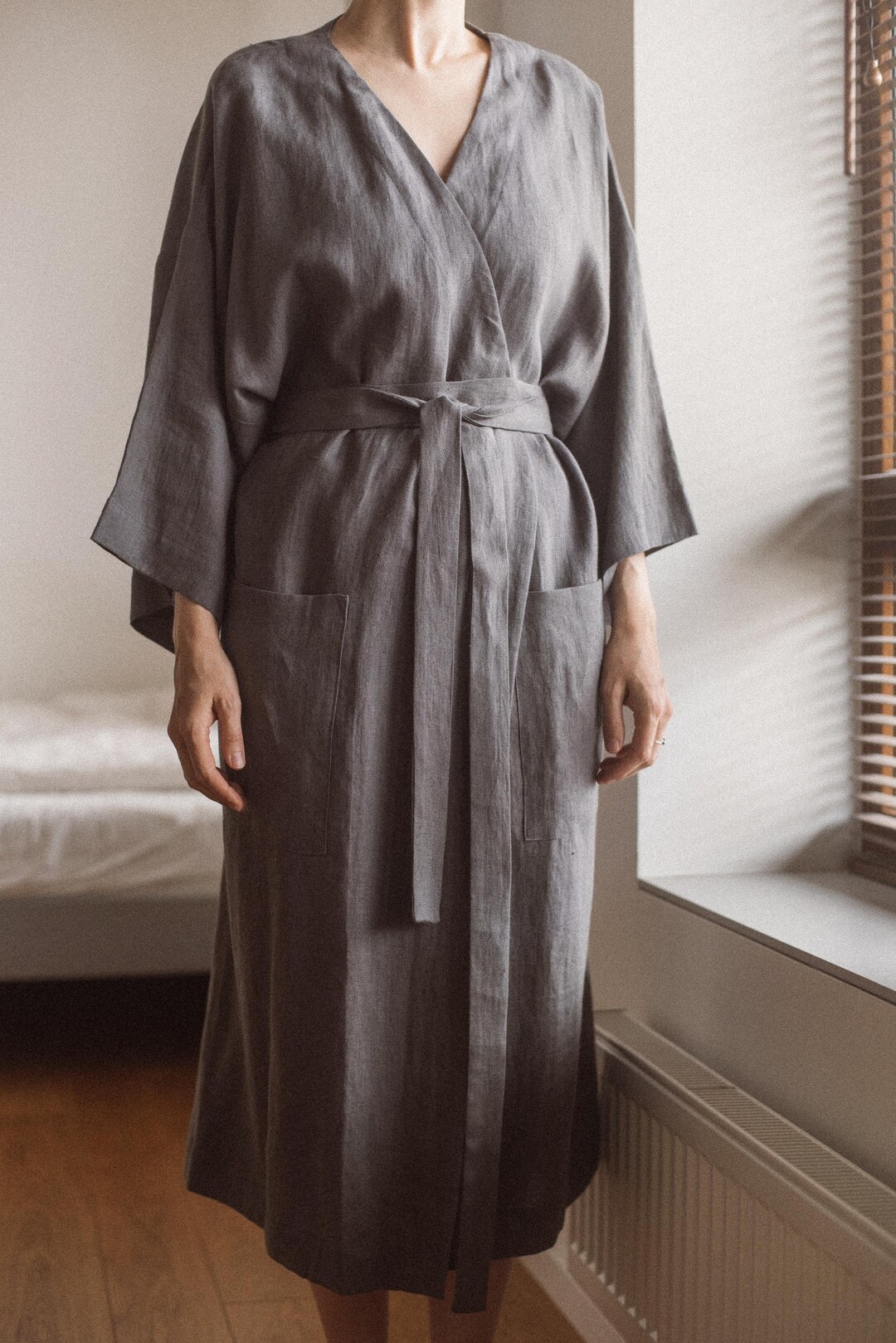 Dark Grey Robe Ready to Ship - Dark Grey Linen Robe Size XL - Wide Sleeve Kimono Robe ...