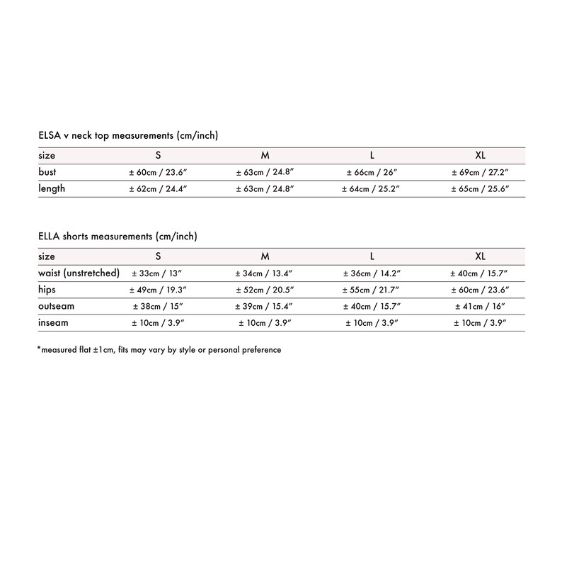 May include: Size chart for a v-neck top and shorts. The chart shows measurements in inches and centimeters for sizes S, M, L, and XL. The chart includes measurements for bust, length, waist, hips, outseam, and inseam.
