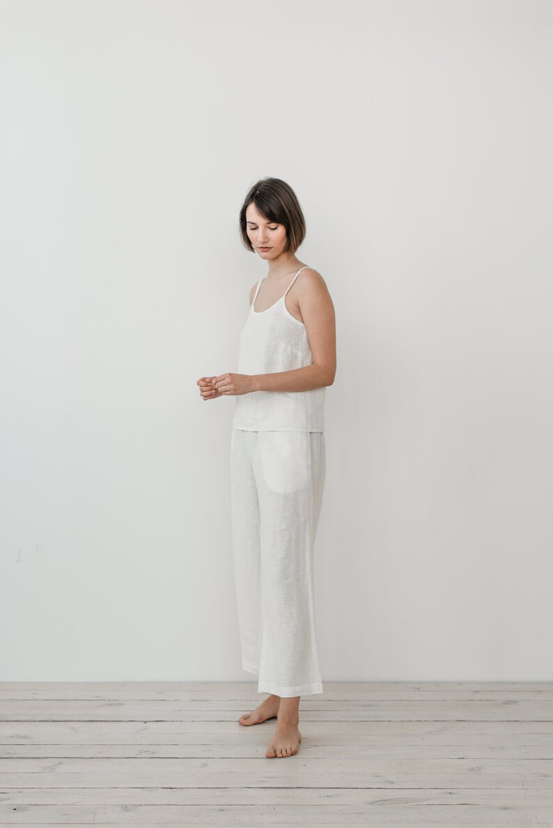 White pajama set Wide leg pants linen Linen pyjamas Linen nightwear Wedding pajamas Sleepwear ADELA cami top and RUTH wide pants