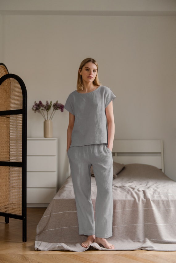 Muslin Pajama Set for Women Organic Cotton Sleepwear Dusty Mint