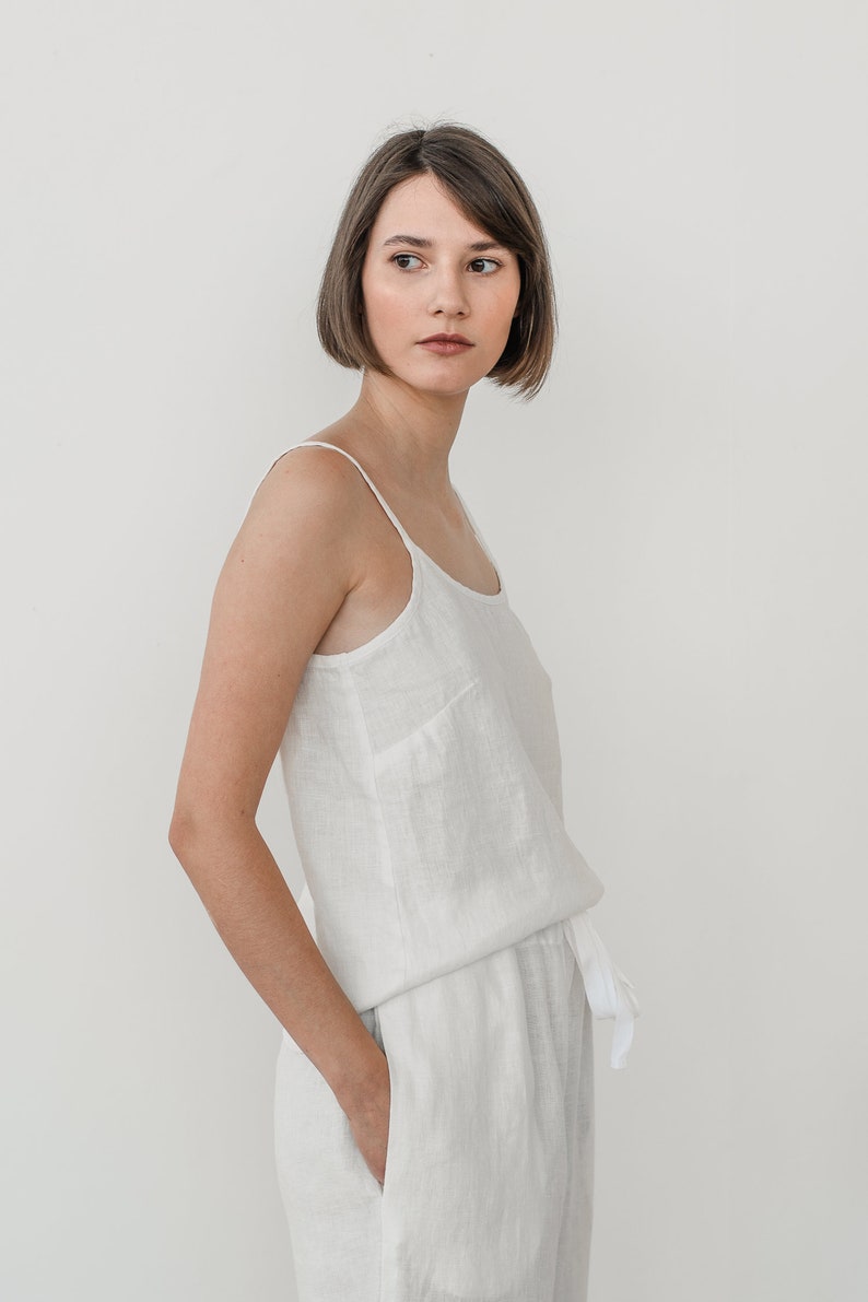 White pajama set Wide leg pants linen Linen pyjamas Linen nightwear Wedding pajamas Sleepwear ADELA cami top and RUTH wide pants