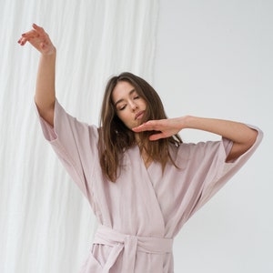 Dusty pink linen bathrobe with pocket Linen kimono robe Linen spa robe Dressing gown Linen long robe Morning gown PETRA robe image 4
