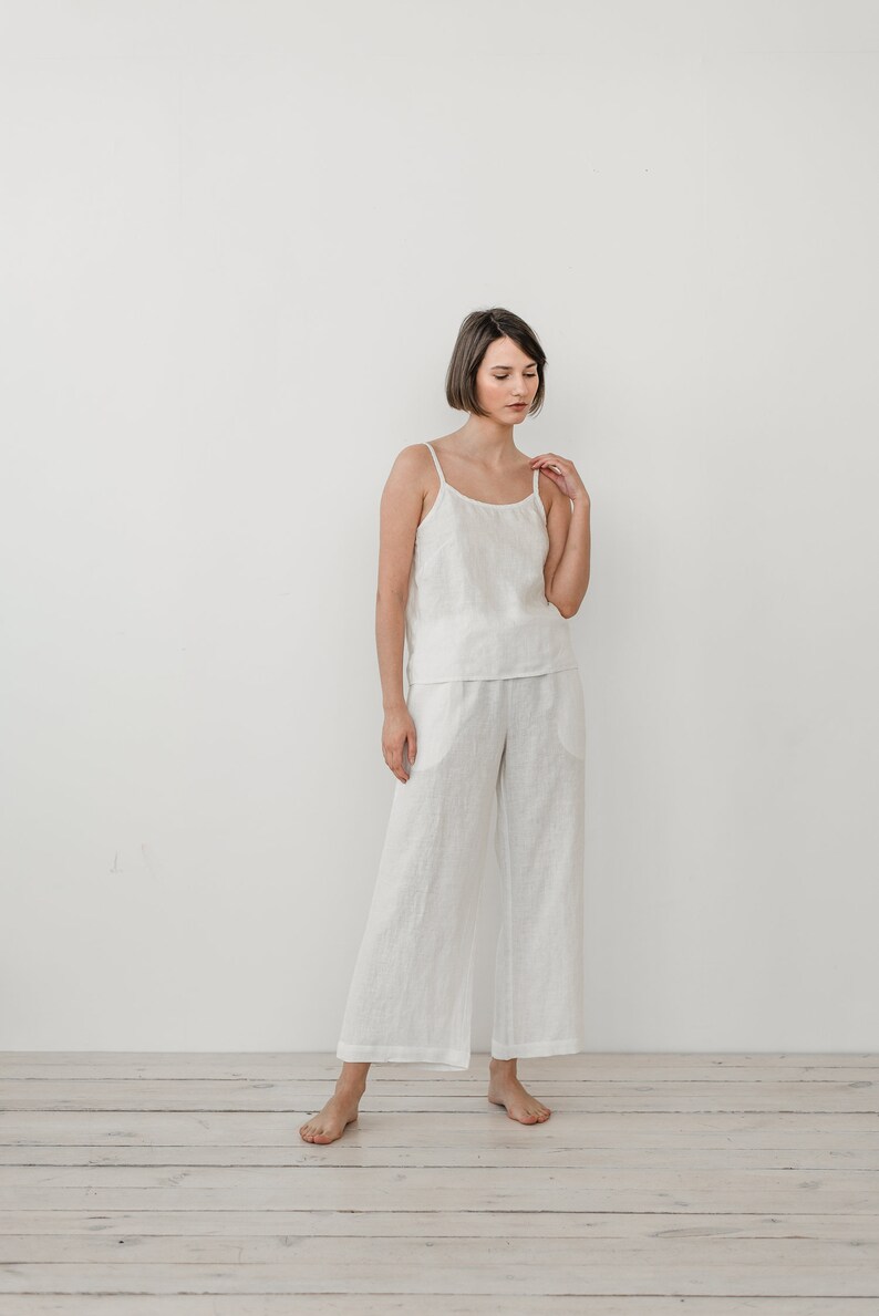 White pajama set Wide leg pants linen Linen pyjamas Linen nightwear Wedding pajamas Sleepwear ADELA cami top and RUTH wide pants
