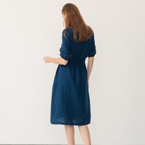 V neck linen wrap dress for women Midi navy blue dress with belt and pocket Linen summer dress ANNA wrap dress image 7