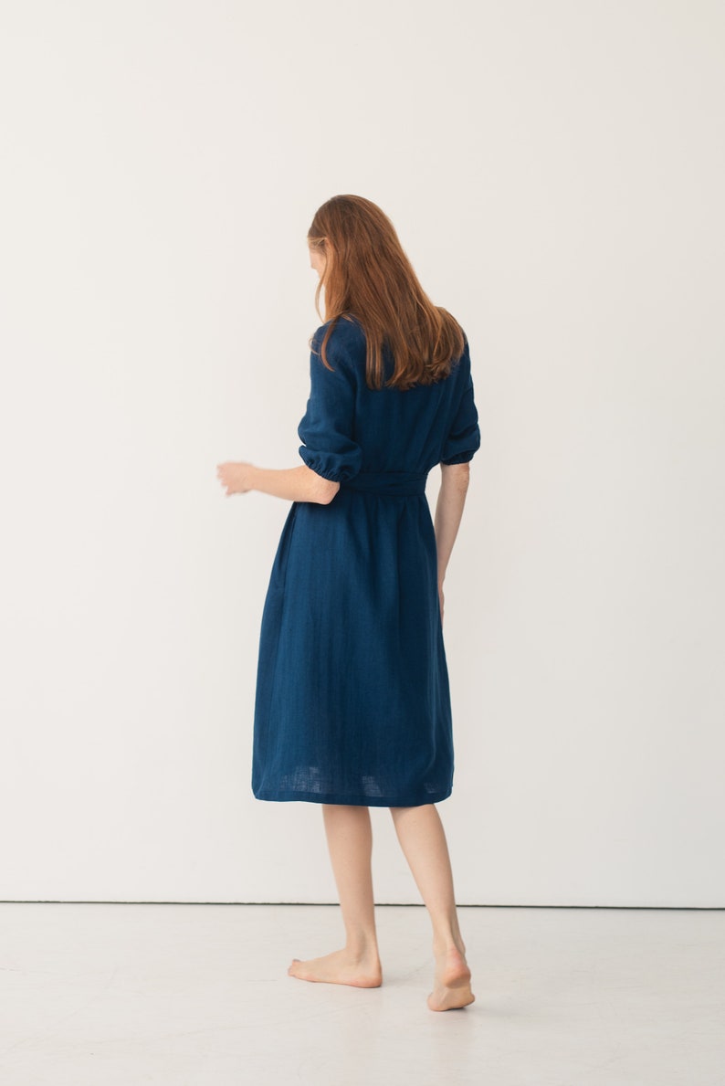 V neck linen wrap dress for women Midi navy blue dress with belt and pocket Linen summer dress ANNA wrap dress image 7