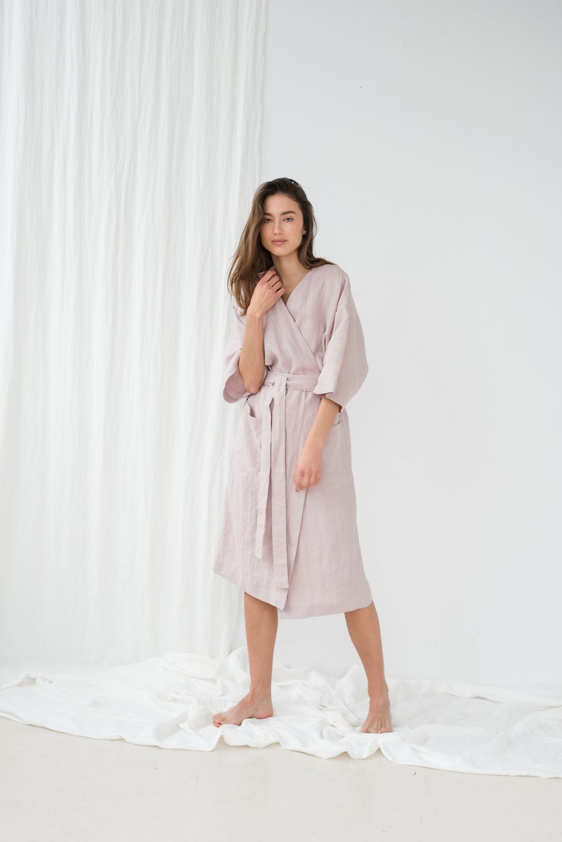 Dusty pink linen bathrobe with pocket Linen kimono robe Linen spa robe Dressing gown Linen long robe Morning gown PETRA robe image 5