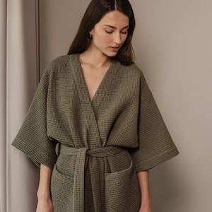 Cotton waffle robe for women - Absorbent waffle bath robe - Moss green kimono robe with pockets - Towel robe - Spa robe midi - PETRA robe