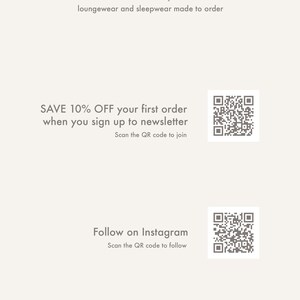 May include: A white background with the text "Pillow & Pajamas" in pink, followed by "loungewear and sleepwear made to order". Below that, there are two QR codes. The first QR code is labeled "SAVE 10% OFF your first order when you sign up to newsletter" and "Scan the QR code to join". The second QR code is labeled "Follow on Instagram" and "Scan the QR code to follow".
