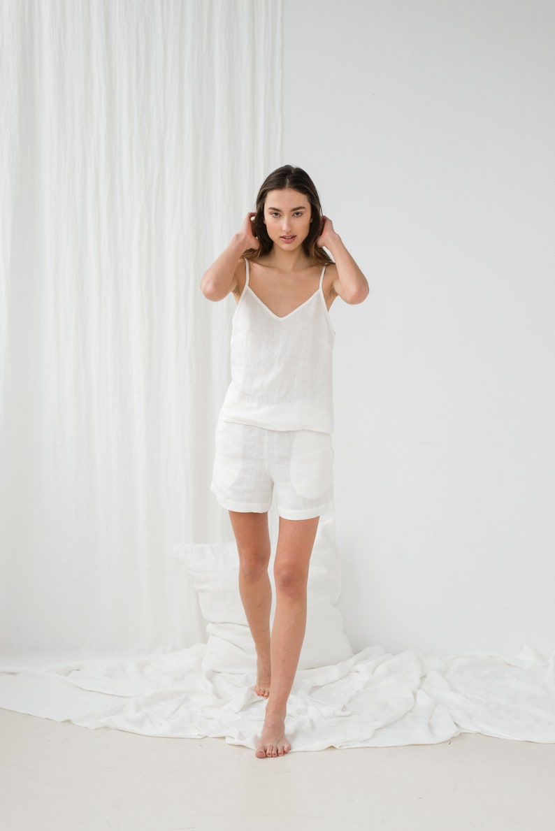 White linen pajama set/ Linen v neck top/ Sleeveless linen top/ Linen sleepwear shorts/ Wedding pajamas / TILDA cami top and ELLA shorts image 4