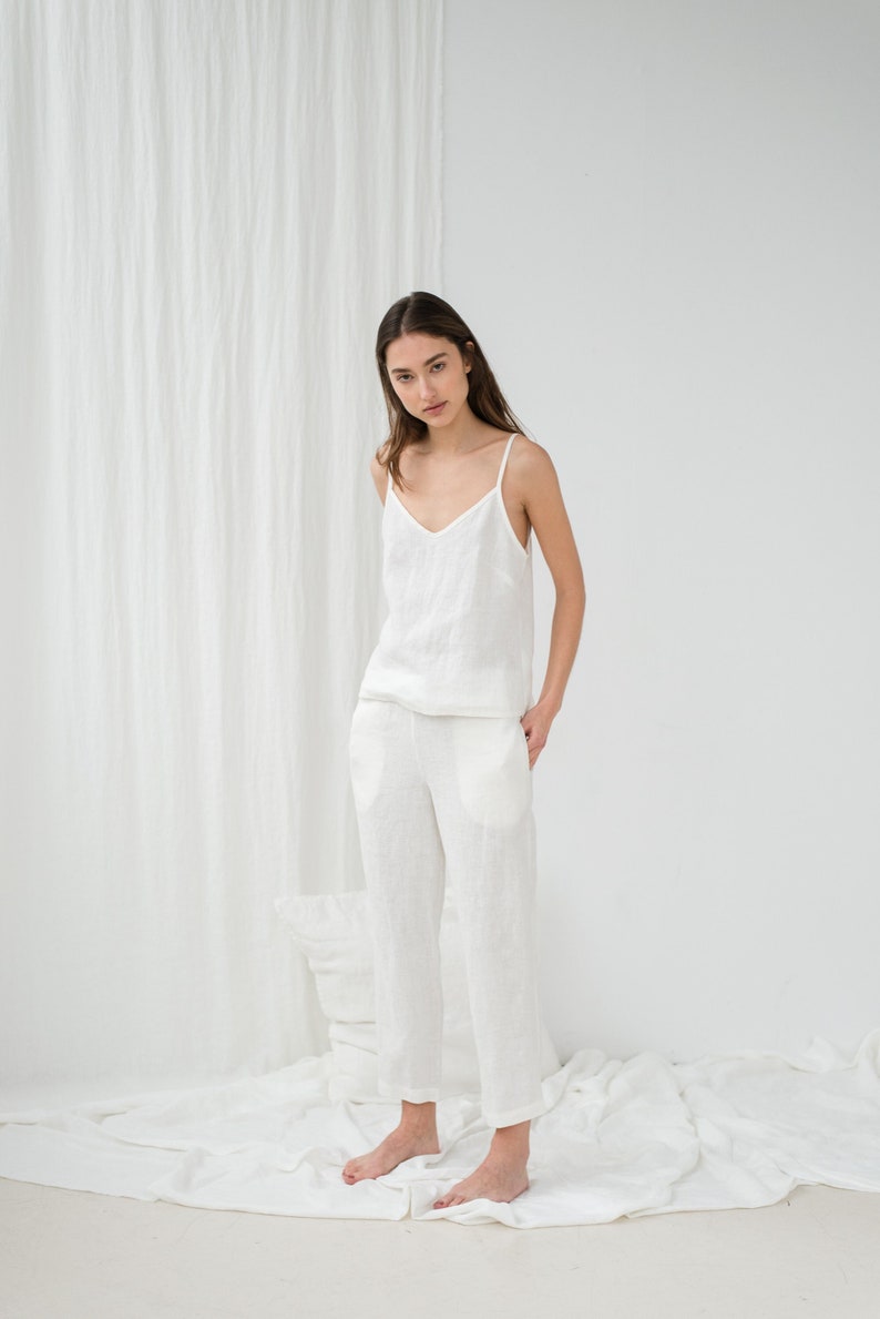 White Cami Top for Women, Linen Sleeveless V Neck Blouse, Basic Slip ...