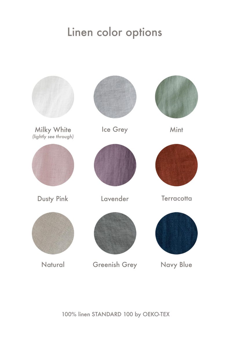 Pu&ograve; includere: Un grafico che mostra 10 diverse opzioni di colore per il tessuto di lino. I colori sono: Bianco latte, Grigio ghiaccio, Menta, Rosa polvere, Lavanda, Terracotta, Naturale, Grigio verdastro e Blu navy. Il testo "100% lino STANDARD 100 by OEKO-TEX" &egrave; in fondo al grafico.