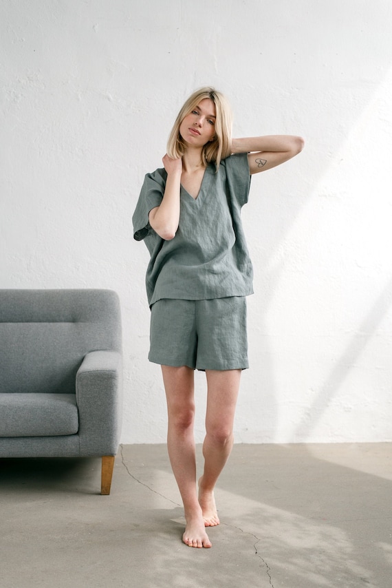 Oversized linen top / Loose linen blouse / Linen pajama set / Linen v neck blouse / Grey shorts /Woman pjs/ ELSA v neck top and ELLA shorts