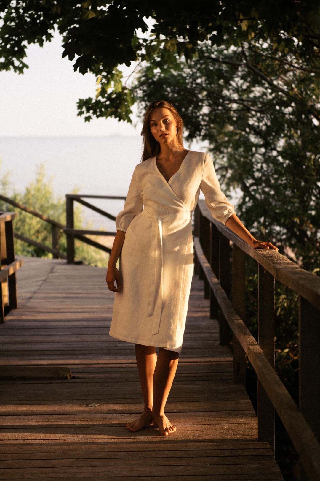V Neck Linen Wrap Dress