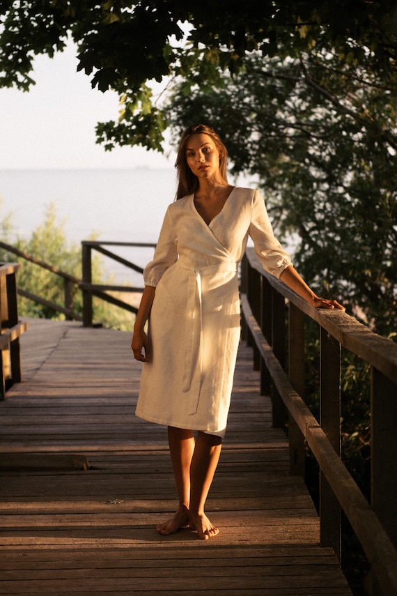 White linen wrap dress, Midi deep V neck summer dress for women, Knee length linen wrap dress with pockets - ANNA wrap dress