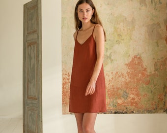 Linen Mini Slip Dress, V Neck Strap Dress, Short Sleeveless Dress, Linen Nightgown - Tilda Cami Dress
