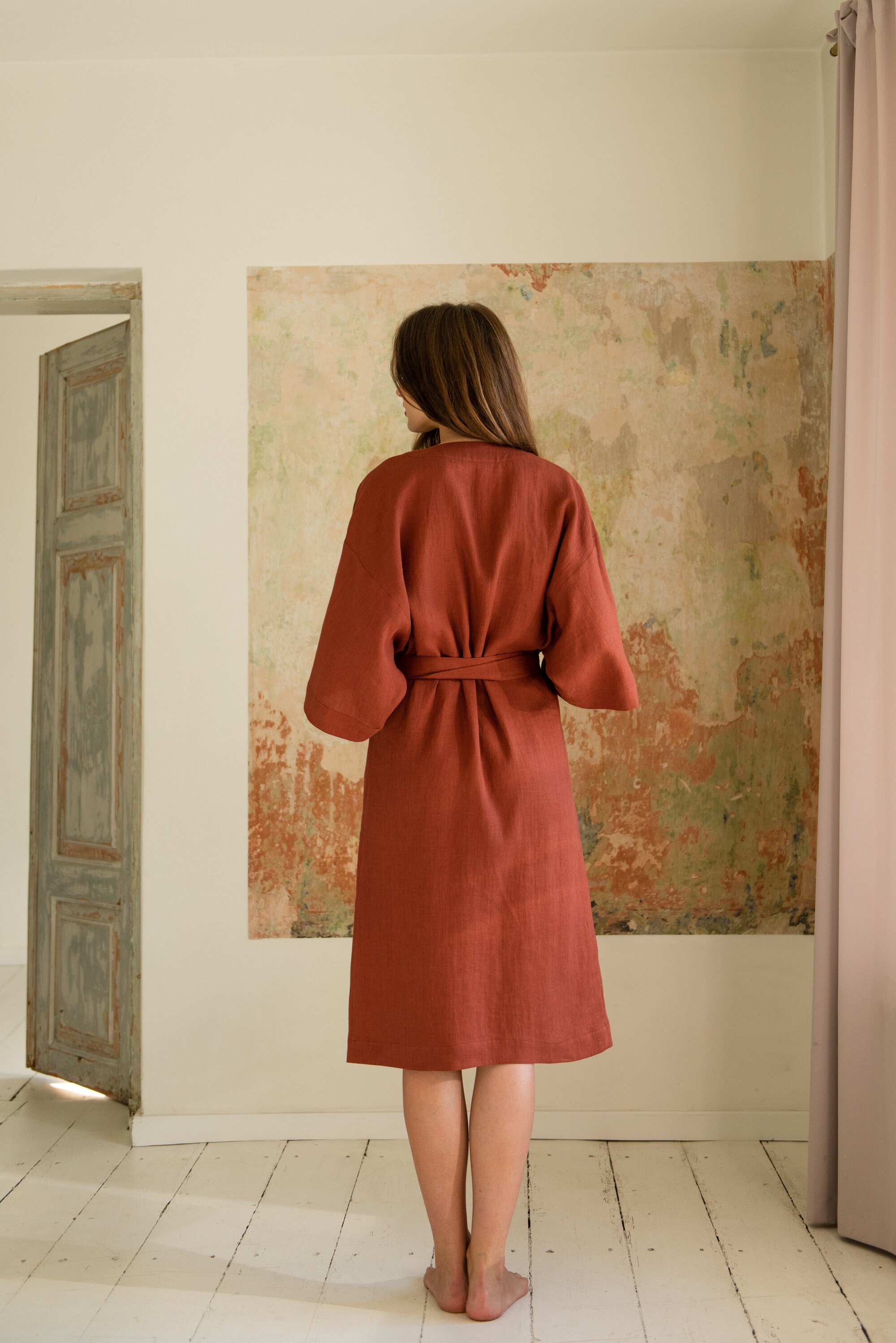 Japanese Style Robe Linen Kimono Robe Oversized Terracotta - Etsy