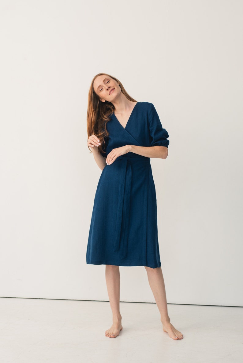 V neck linen wrap dress for women Midi navy blue dress with belt and pocket Linen summer dress ANNA wrap dress image 2