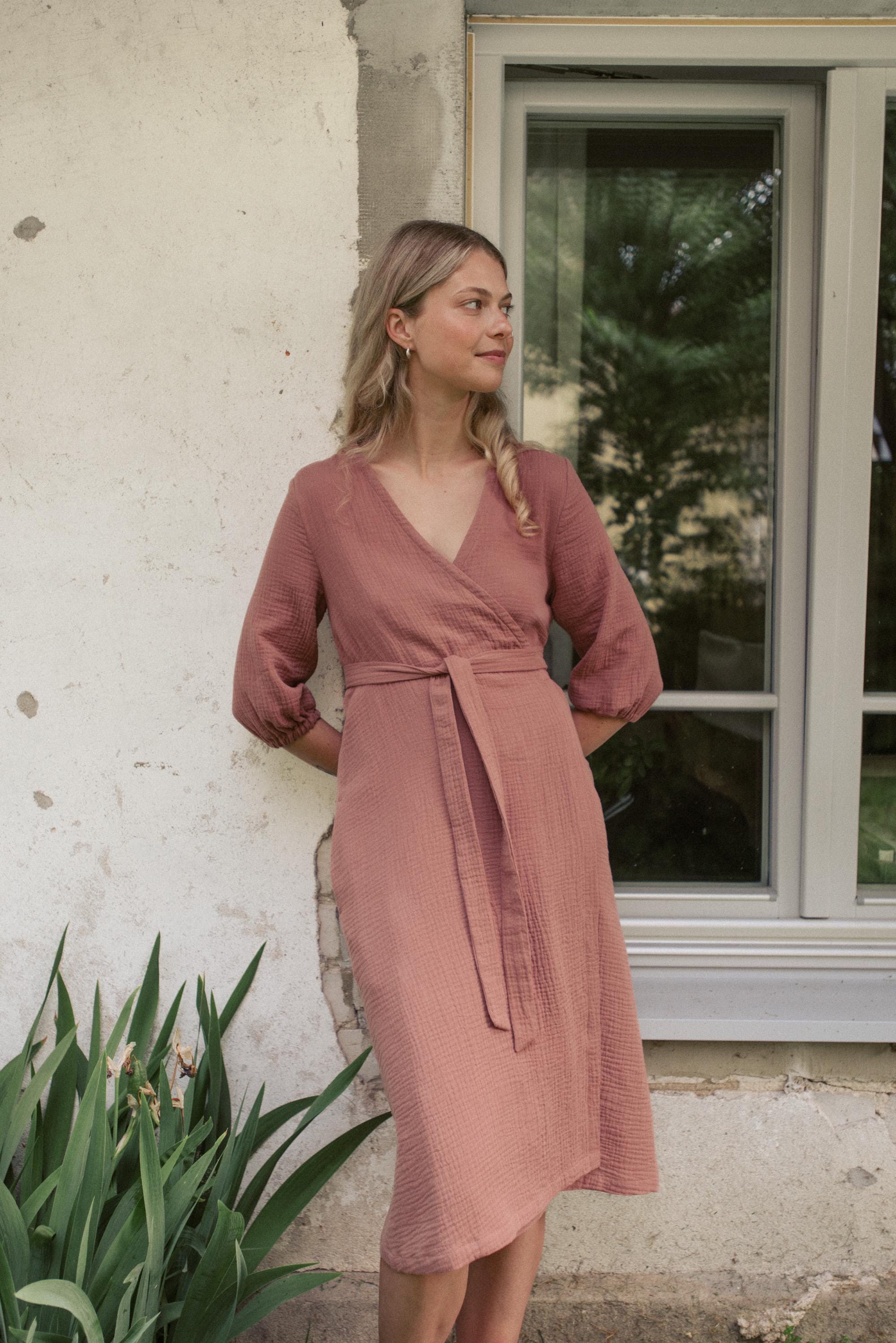 Organic cotton wrap dress v neck, Ash rose gauze midi dress women, Muslin knee lenght dress with balloon sleeves - ANNA wrap dress