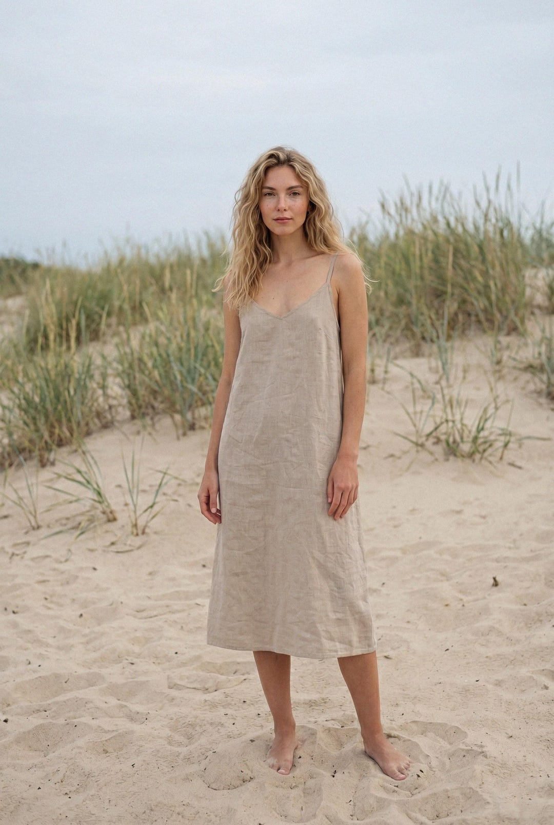 v neck maxi linen slip dress Monserrat Made from breathable natural linen Natural Linen Slip Dress, V-neck