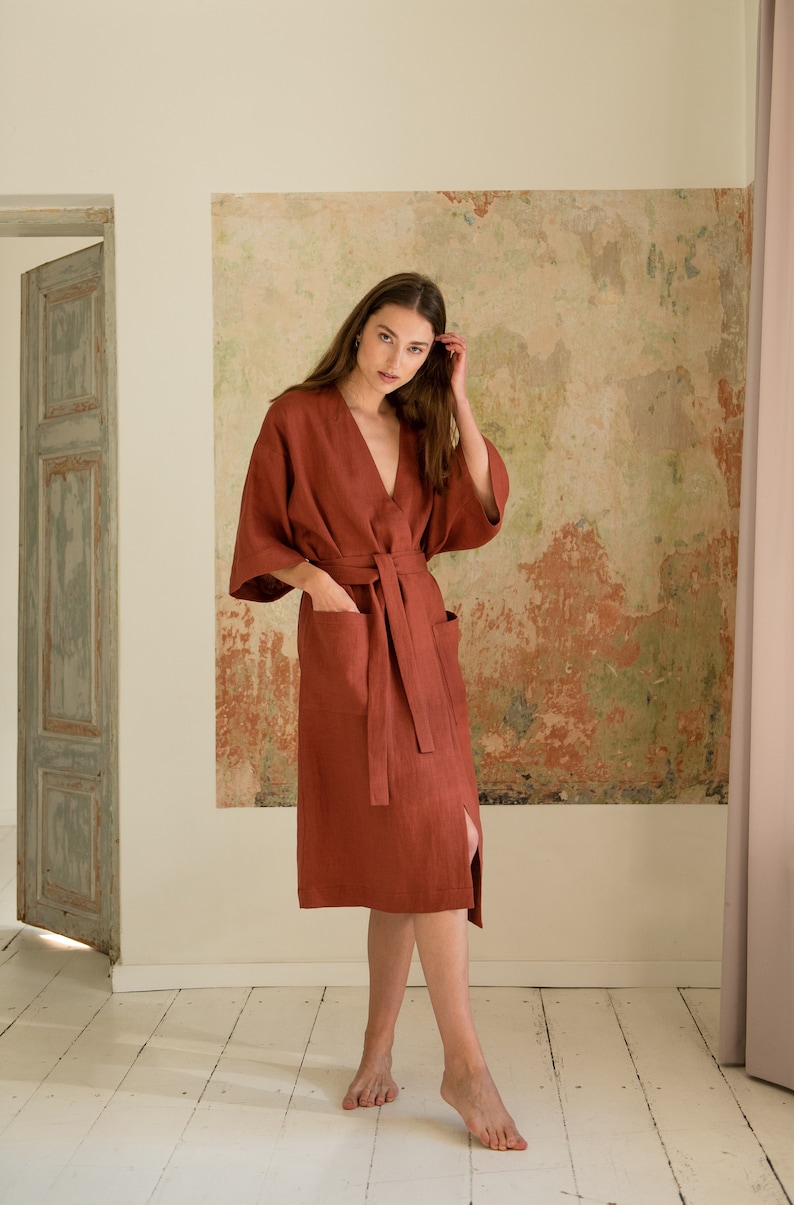 Japanese style robe Linen kimono robe Oversized terracotta robe Wide sleeve robe Linen robe women Dressing gown PETRA robe image 6