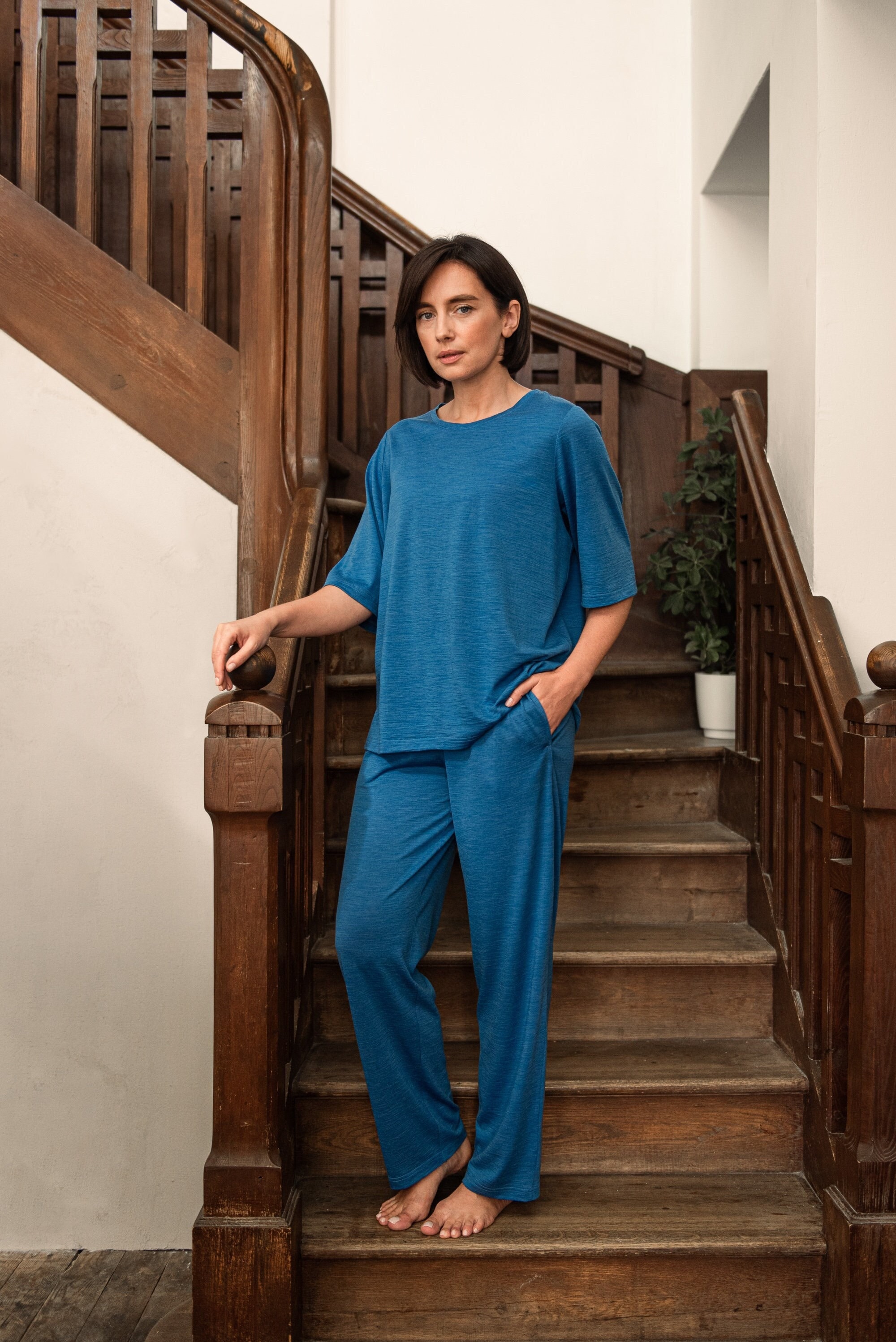 Pantalones largos de cintura de invierno de color para mujer, cálidos,  sólidos, para mantener los pantalones térmicos, conjunto superior e  inferior