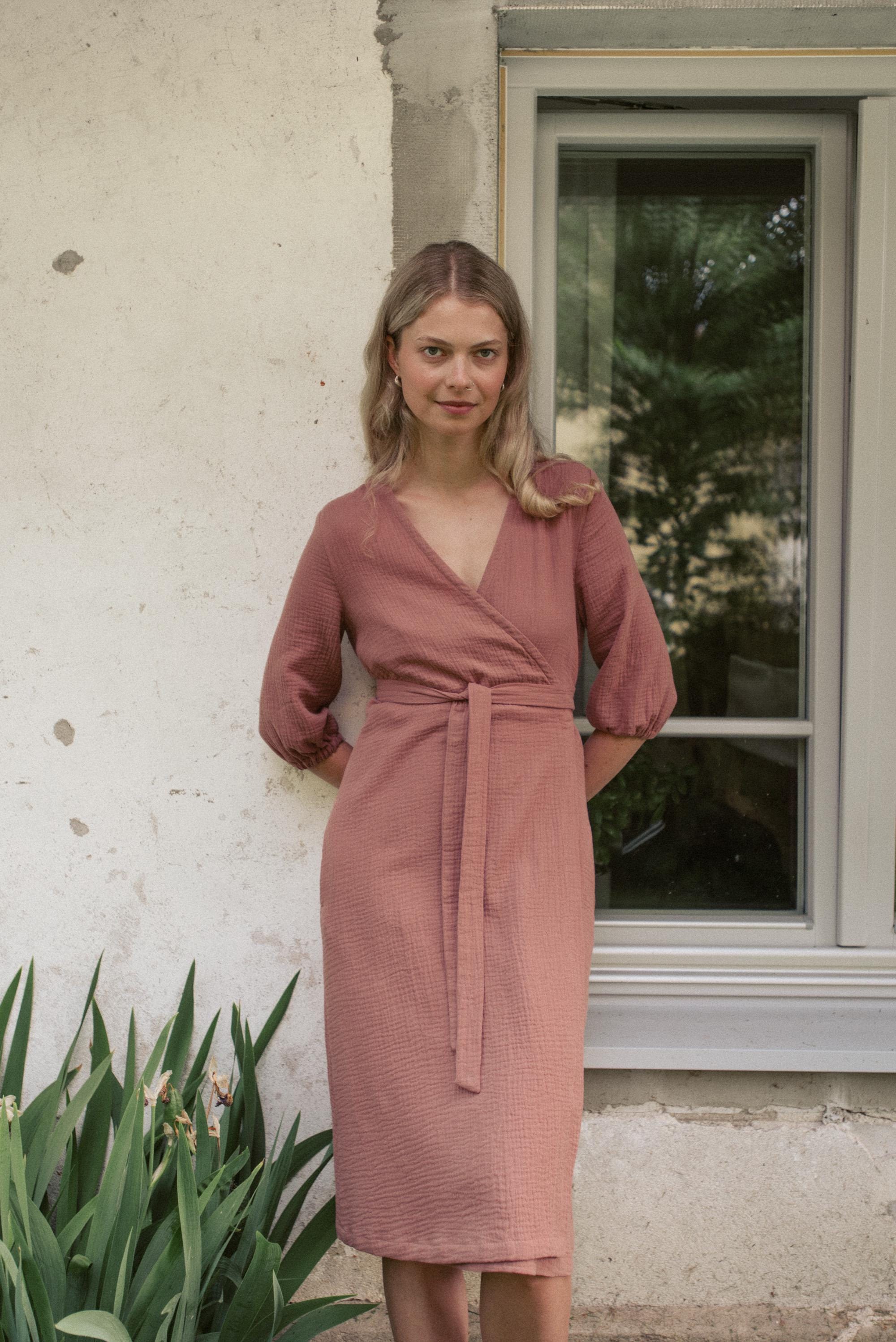 Organic Cotton Wrap Dress, V Neck Gauze Dress for Women, Summer Midi Dress Pockets, Birthday Gift for Wife Girlfriend Mom - ANNA Wrap Dress