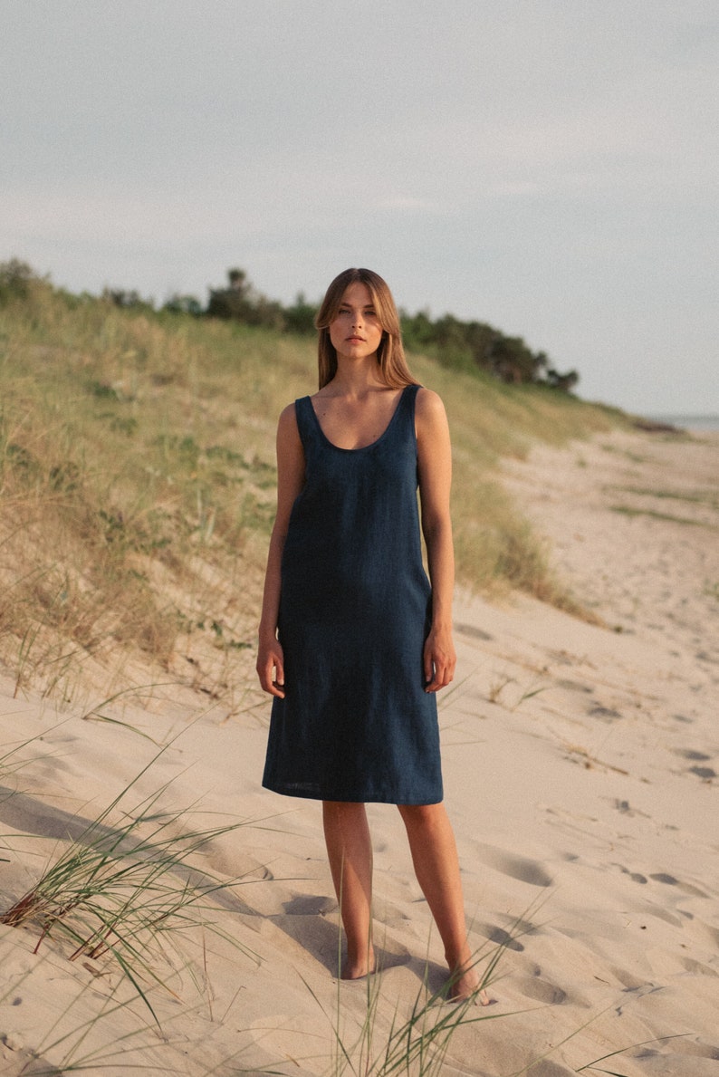Linen summer dress Midi sleeveless dress for women Loose straight tank dress with pockets Blue beach dress UMA sleeveless dress image 3