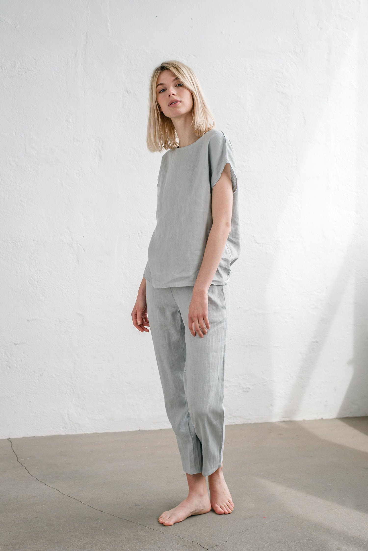 Grey Pajama Set Women Linen Sleepwear Set Soft Linen Etsy Canada