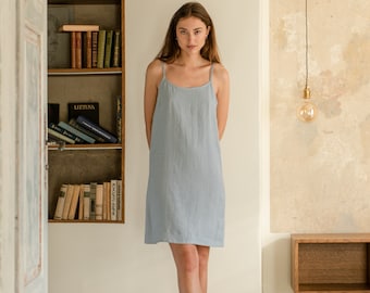 Ready to Ship - Linen slip dress size M - Light blue women camisole - Midi summer dress - Sleeveless linen strap dress - ADELA cami dress