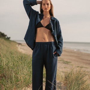 Wide leg linen pants for women Flowy mid rise trousers Sraight pants with elastic waist Navy summer bottom Linen clothing RUTH image 3
