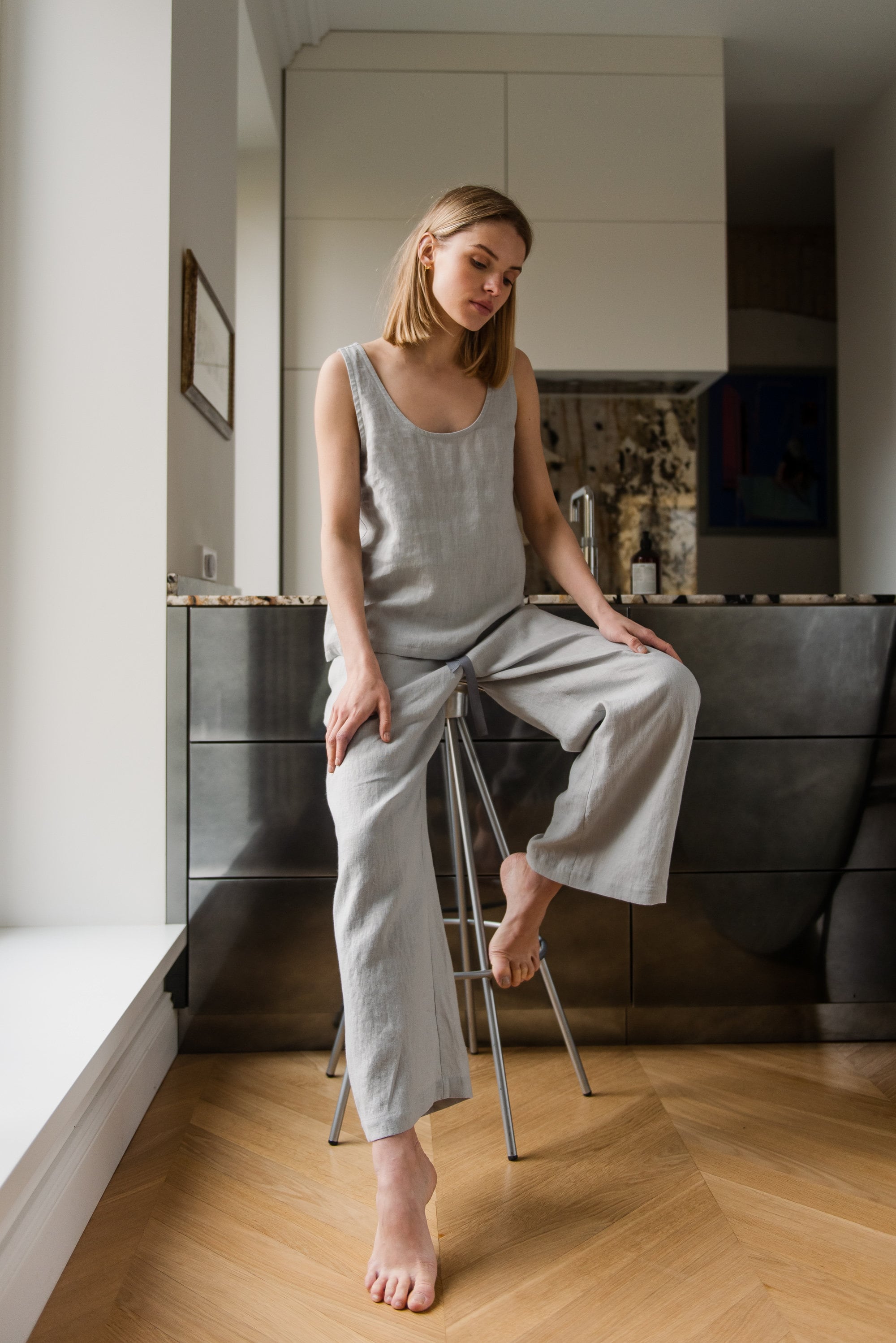 Linen Two Piece Pajama Set Ice Grey Summer Pajamas Linen - Etsy