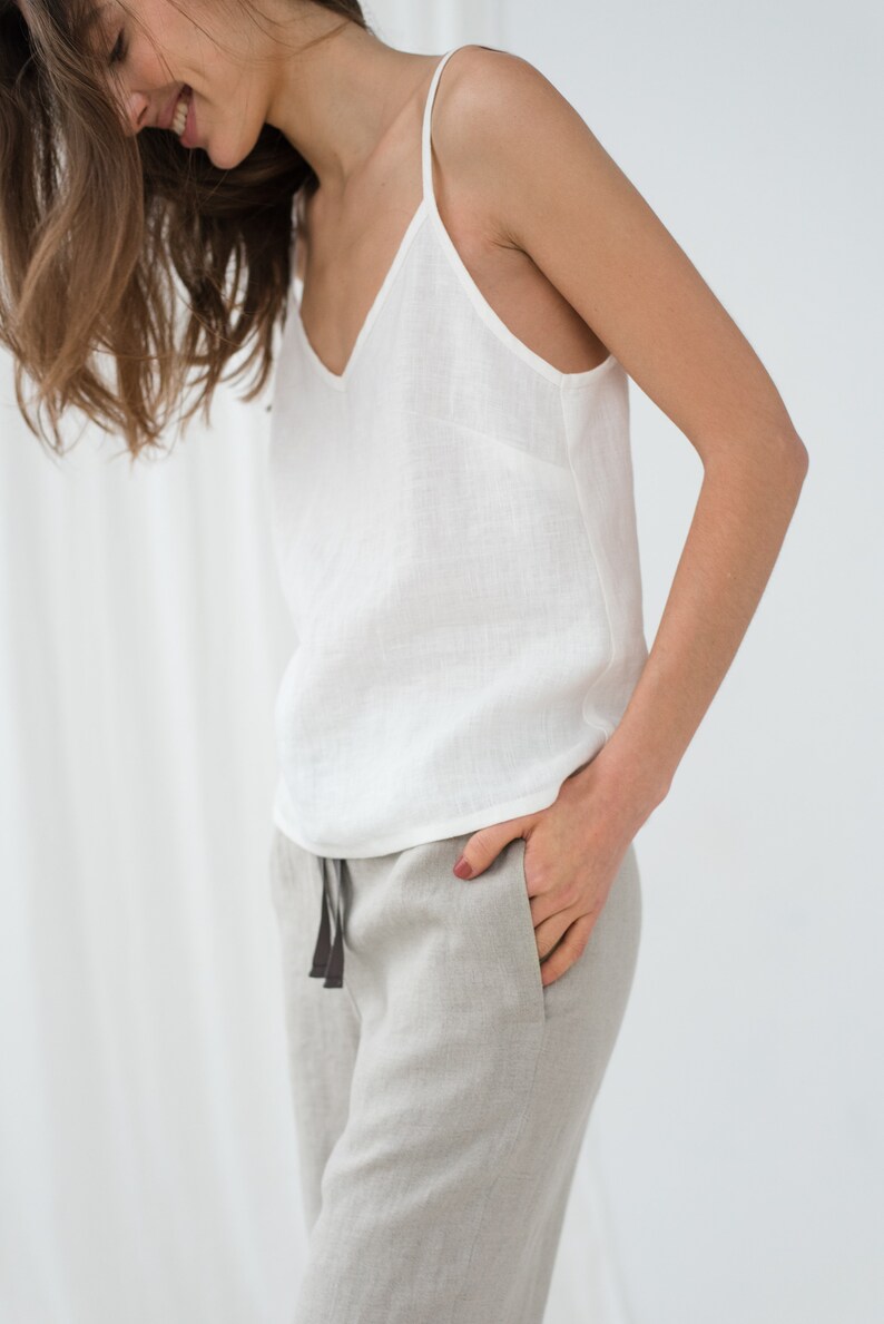 White Cami Top for Women, Linen Sleeveless V Neck Blouse, Basic Slip ...