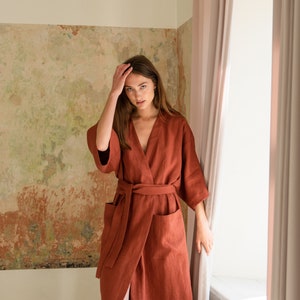 Japanese style robe Linen kimono robe Oversized terracotta robe Wide sleeve robe Linen robe women Dressing gown PETRA robe image 3