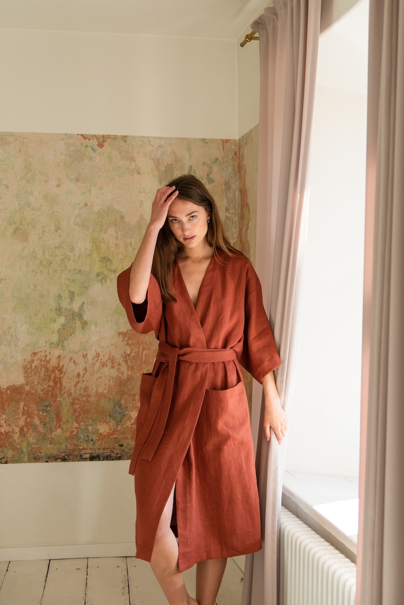 Japanese style robe Linen kimono robe Oversized terracotta robe Wide sleeve robe Linen robe women Dressing gown PETRA robe image 3