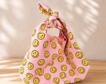 Pink Smiley Face Knot Bag, Japanese Style Mini Tote, Fabric Gift Bag