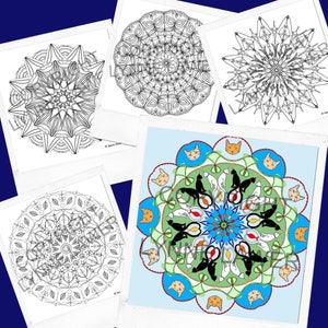 Può includere: Un set di cinque pagine da colorare con disegni di mandala. Un mandala presenta gatti, mentre gli altri quattro sono motivi geometrici.