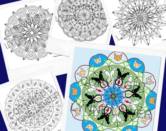 Cats Mandala Set | 5 Colouring Pages | Mandala Printables