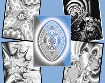 Graustufen Fraktal Art Printables | 5 einzigartige Malseiten Designs | Diamanten Set (Digital Download)