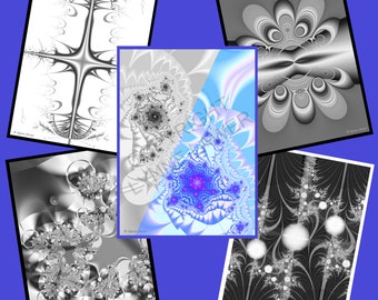Icy Lace Printable Greyscale Fractals | 5 Different Fractals | Printable Fractal Patterns to Colour | Unique Fractal Designs
