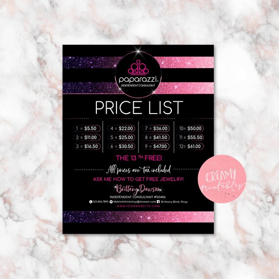 Printable Paparazzi Price list Price list 8x10 paparazzi | Etsy
