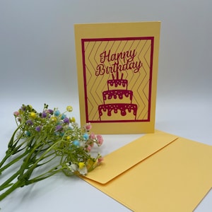 Geburtstagskarte 12 x 17cm inkl. Umschlag - HAPPY BIRTHDAY + Torte, orange - pink