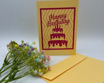 Birthday card 12 x 17 cm including envelope - HAPPY BIRTHDAY + cake, orange - pink