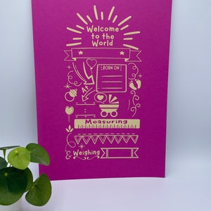 Geburtsdaten Karte - Geburtsposter - Erinnerung zur Geburt - 23,8 breit x 34cm, pink/beige - Karte