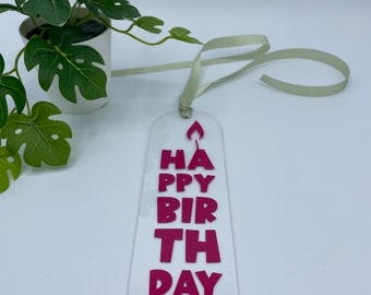 Gift tag HAPPY BIRTDAY, pink, 5 x 15 cm, with light green ribbon